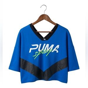 NWT• Puma Sport Cropped V-Neck T-Shirt Blue Black Neon XL